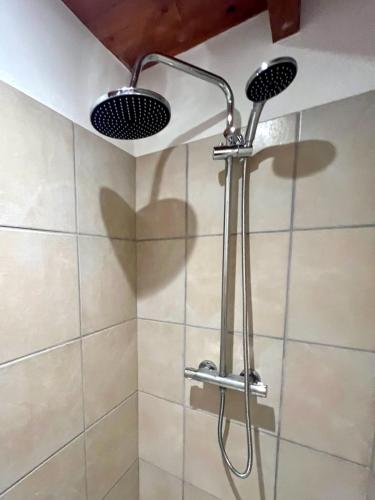 a shower with two shower heads in a bathroom at Gîte La Vésarnie in Montaigu-de-Quercy