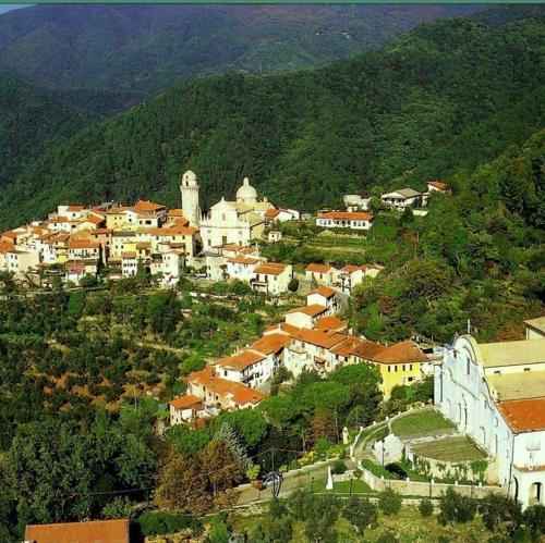 eine kleine Stadt auf einem Hügel mit einem Berg in der Unterkunft Al Vecchio Convento Mare e Monti in Ortonovo
