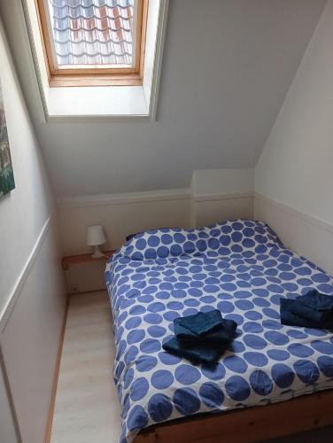 a bedroom with a bed with a blue comforter and a window at Boerderij De Diek'n in Zeerijp