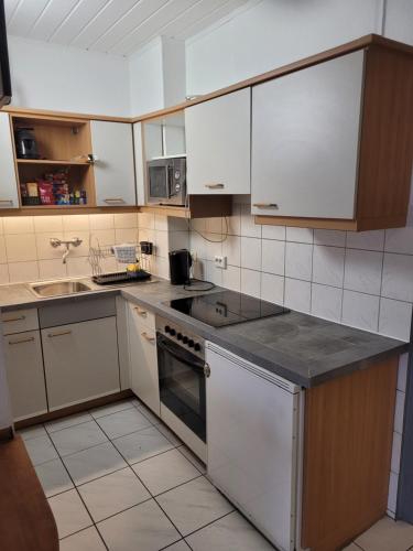 a kitchen with white appliances and wooden cabinets at Apartment in Innenstadtnähe in Darmstadt
