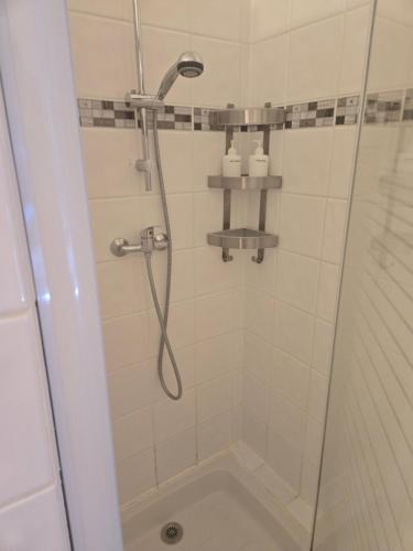 une douche avec pommeau de douche dans une salle de bain dans l'établissement Luboregard, à Cheval-Blanc