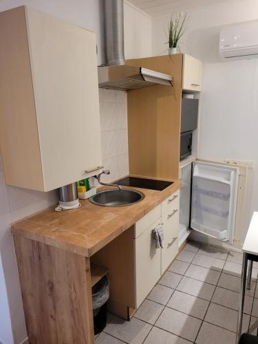 a small kitchen with a sink and a refrigerator at Apartment in Innenstadtnähe in Darmstadt