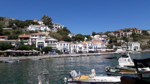 a group of boats docked in a harbor with houses at Ikaria - Evdilos village , Katsirifos in Évdhilos