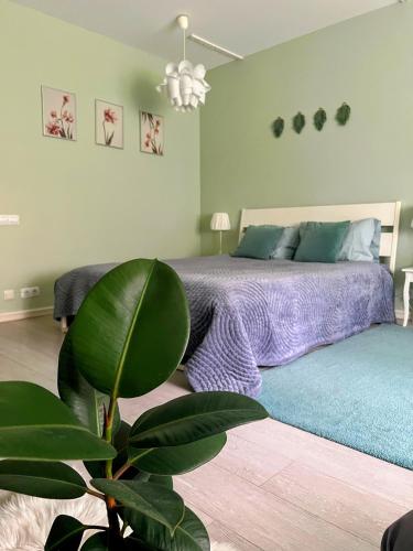 a bedroom with a bed and a potted plant at Sweet-S in Boryspil