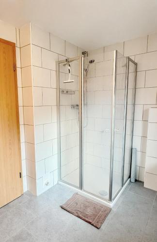 a shower with a glass door in a bathroom at Cosy Holiday Nest in Marienhafe in Marienhafe