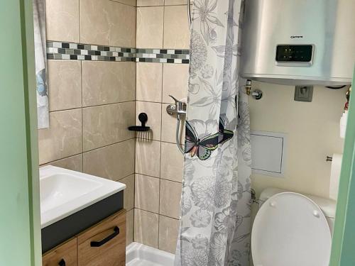 ein kleines Badezimmer mit Toilette und Waschbecken in der Unterkunft A 100m de la plage A3, Rez-de-chaussee in Cap d'Agde