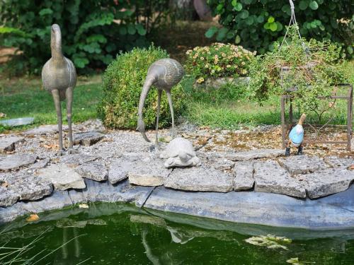 two birds standing on rocks near a pond at Domaine du lagon bleu in Comps