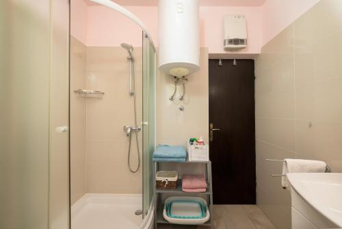 a bathroom with a shower with a glass door at Apartments Villa Sabina in Pula