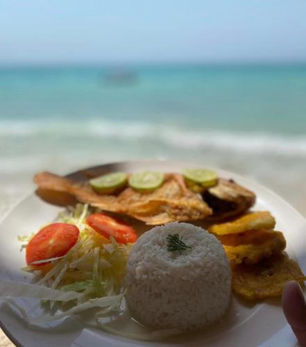 a plate of food with rice and vegetables on it at Brisas del Mar Barú in Playa Blanca