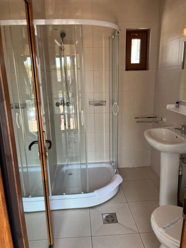 une salle de bain avec douche et lavabo dans l'établissement Omega Mamaia Nord, à Mamaia Nord – Năvodari