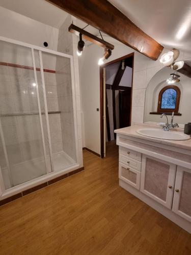 une salle de bains avec douche en verre et lavabo dans l'établissement Le PRESSOIR, à Ouville-la-Bien-Tournée