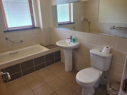 a bathroom with a toilet and a sink and a tub at Woodlands Lodges Mulranny in Mulranny