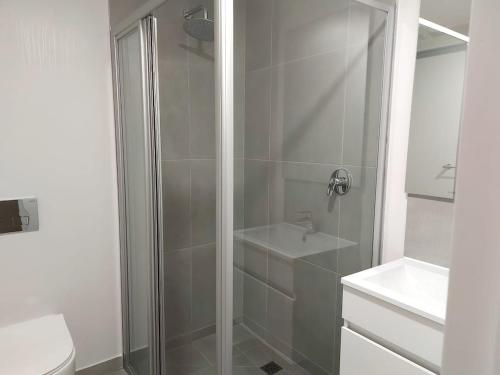 a bathroom with a shower with a toilet and a sink at 310 The Meadows in George