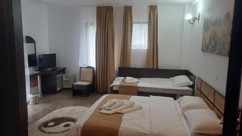 a hotel room with two beds and a television at Pensiunea de la Rau Moieciu de sus in Moieciu de Sus