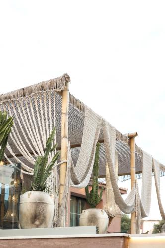 a group of potted plants and a hammock at Hotel Platinium Dhermi in Vlorë