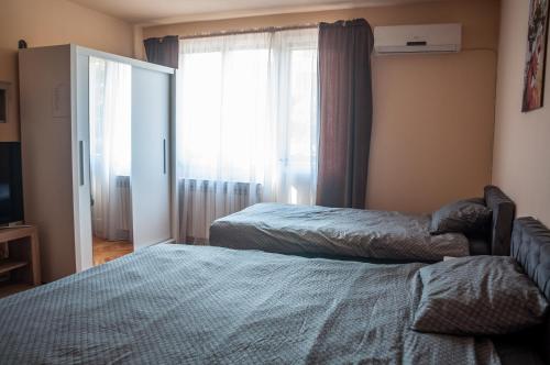 a bedroom with two beds and a window at Sky Apartman in Kučevo