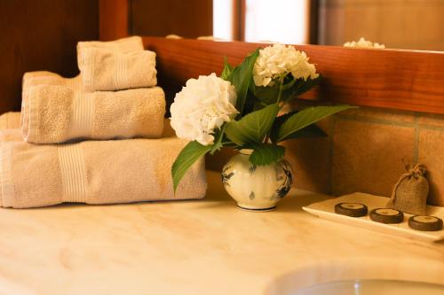 a vase of flowers on a counter with towels at La casa Arancione in Boves