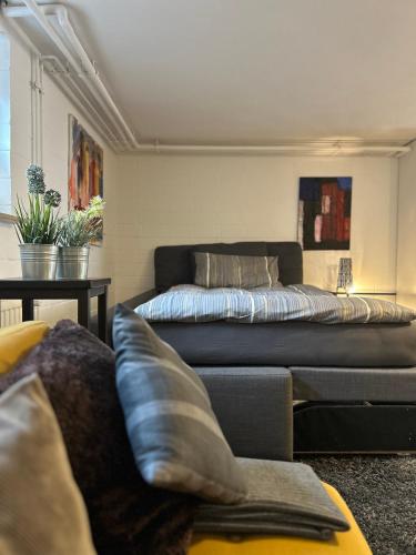 a living room with a couch and a bed at Ruhige 1 Zimmerwohnung Souterrain in Bortfeld