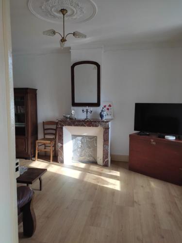 a living room with a fireplace and a flat screen tv at Maison de village in Juvigny-sur-Loison