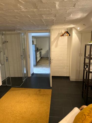 a living room with a door and a yellow rug at Ruhige 1 Zimmerwohnung Souterrain in Bortfeld