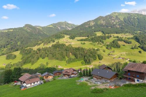 a group of houses on a green hill with mountains at Val d'Illiez, 6 pers - balcon et vue - parking in Val dʼIlliez