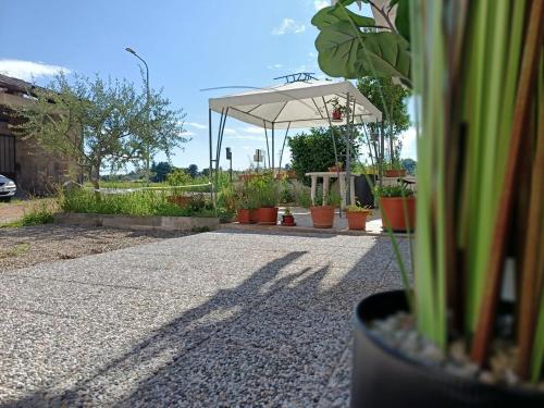 a patio with a white umbrella and potted plants at Home Faty Fleur J&F in Oleggio