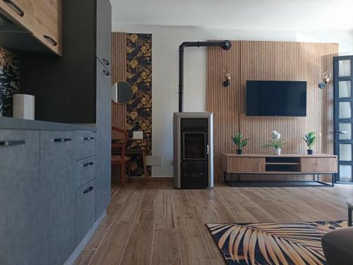 a living room with a television on a wall at Home Faty Fleur J&F in Oleggio
