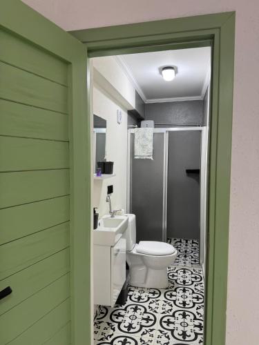 a bathroom with a white toilet and a sink at Macaron Midi House in Ayvalık