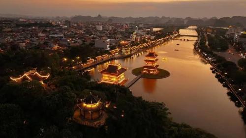 an aerial view of a river at night at Phố Cổ Homestay in Ninh Binh