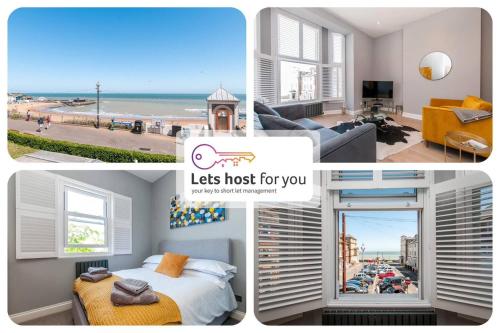 a collage of pictures of a bedroom and a beach at Serenity by the Sea - Broadstairs in Kent