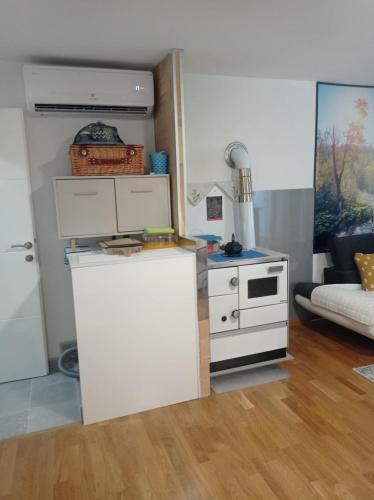 a living room with a white kitchen with a stove at Little Joy Lodge , Loč Mala Radost in Bihać