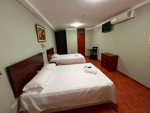 a bedroom with a large bed with two white pillows at Hotel Camber in Aguas Verdes