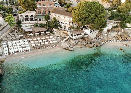 an aerial view of a beach with a resort at Hotel Platinium Dhermi in Vlorë