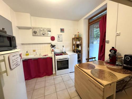 a kitchen with a sink and a stove top oven at Apartment La Viarhôna à Brégnier-Cordon in Brégnier-Cordon