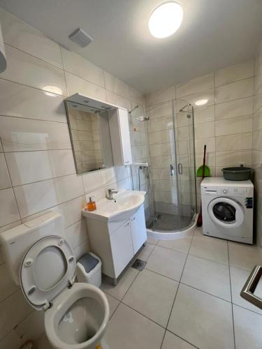 a bathroom with a toilet and a sink and a washing machine at Apartman 4 Majba in Zaglavice
