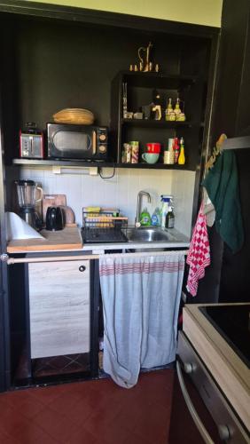une petite cuisine avec un évier et une cuisinière dans l'établissement Un nid sur les toits face au palais des papes, à Avignon