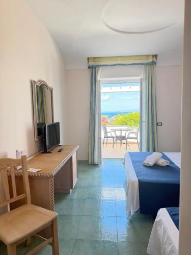 a bedroom with a bed and a desk with a television at Hotel Albatros in Ischia