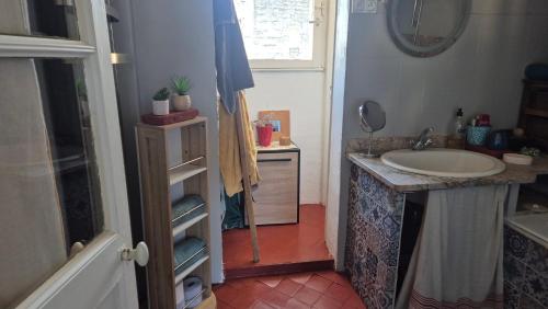une salle de bain avec un lavabo, une baignoire et un miroir dans l'établissement Un nid sur les toits face au palais des papes, à Avignon