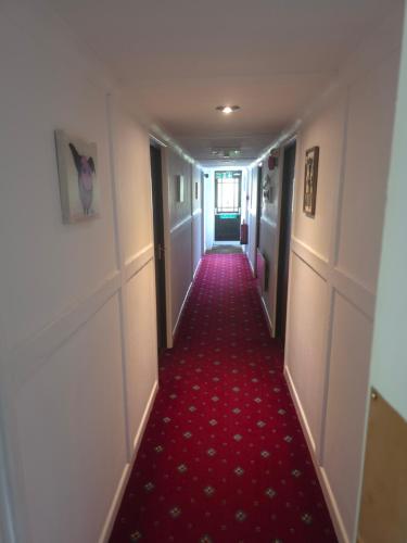 a long hallway with a red carpet in a building at The Royal Oak Inn, Rhandirmwyn in Rhandirmwyn