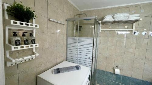 a bathroom with a shower and a toilet in it at Mina’s house in Amarinthos