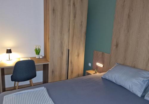 a bedroom with a bed and a desk and a chair at Apartmani i sobe PARK in Apatin