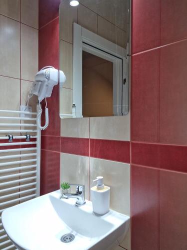 a bathroom with a white sink and a mirror at Apartmani i sobe PARK in Apatin