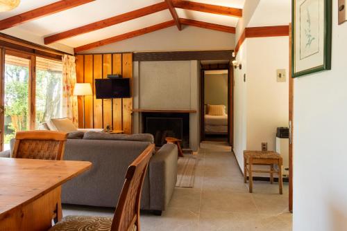 a living room with a couch and a fireplace at Hotel y Cabañas El Parque in Villarrica