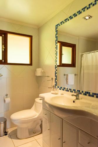 a bathroom with a sink and a toilet and a mirror at Hotel y Cabañas El Parque in Villarrica