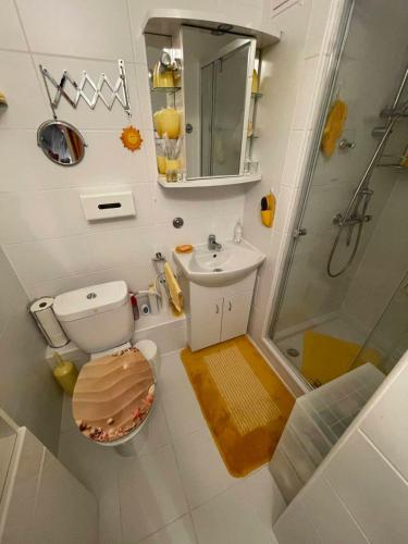 a bathroom with a toilet and a sink and a shower at Neptun Residence in Balatonföldvár