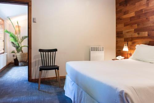 a bedroom with a bed and a chair and a mirror at Hotel y Cabañas El Parque in Villarrica