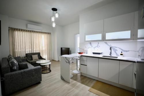 kuchnia i salon ze zlewem i kanapą w obiekcie Neta's Apartment w Sarandzie