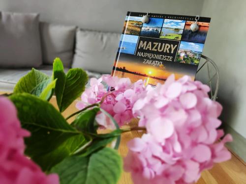 a bunch of pink flowers on a table with a book at Apartamenty Faust in Ełk