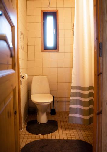 a bathroom with a toilet and a window at Villa Christmas Star Private Sauna By Lapland Host in Rovaniemi