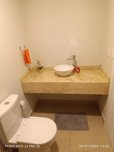 a bathroom with a white toilet and a sink at La Perla in Encarnación